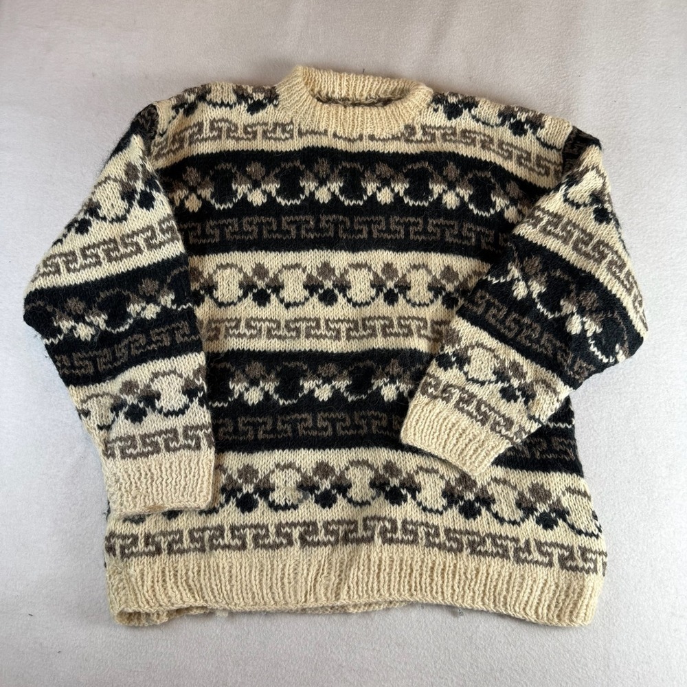 Handmade Nepal 100% Wool Sweater Mens XL Geometric Knit Fair Isle Pullover Cream